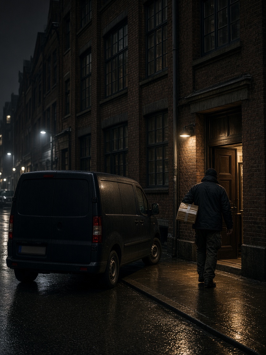 Kurierfahrzeug auf nasser Straße vor einem Hafenspeicher bei Nacht