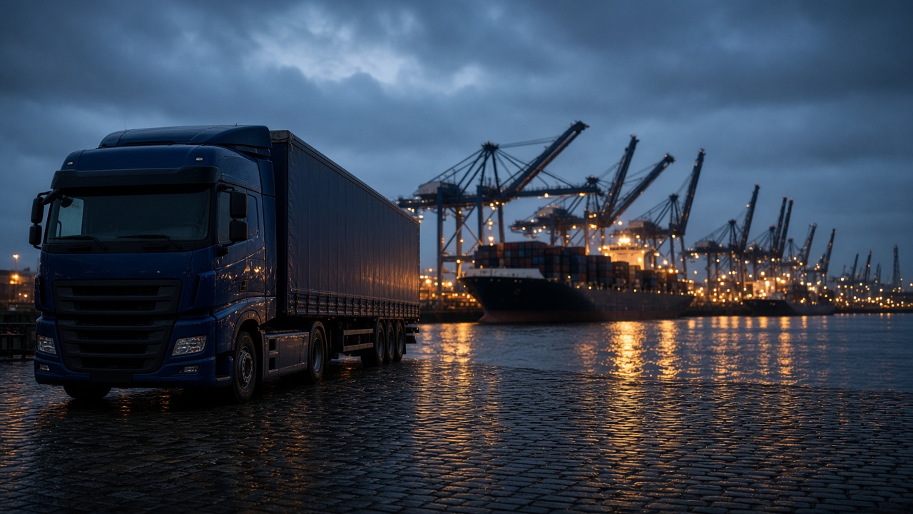 Sattelzug am Hamburger Hafen bei Dämmerung, Kräne und Containerschiff im Hintergrund