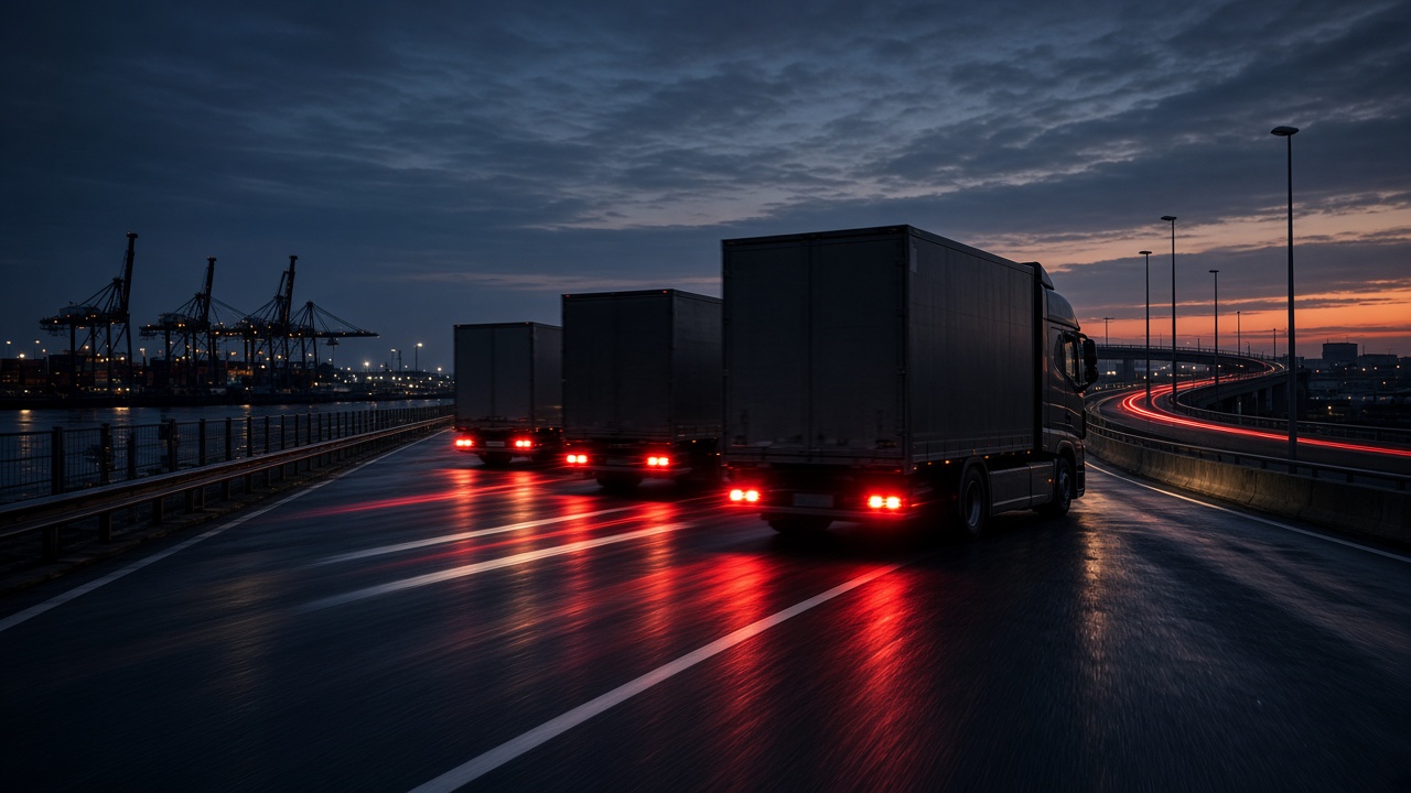 Lkw verlassen abends den Hof in Richtung Autobahn