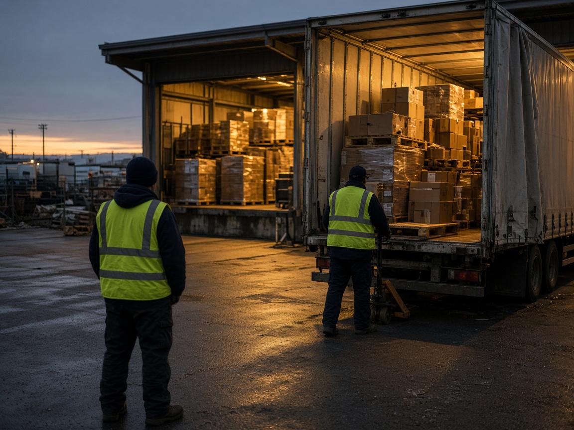 Umschlag von Stückgut an der Rampe im Morgengrauen
